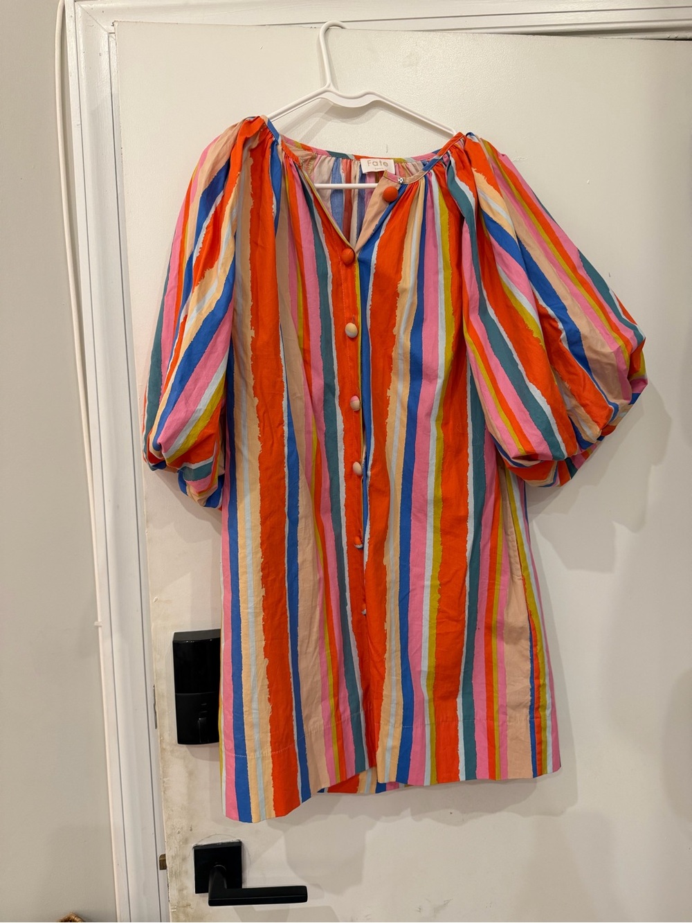 ETE Girls Bright Multicolor Striped Button Dress with Puff Sleeves